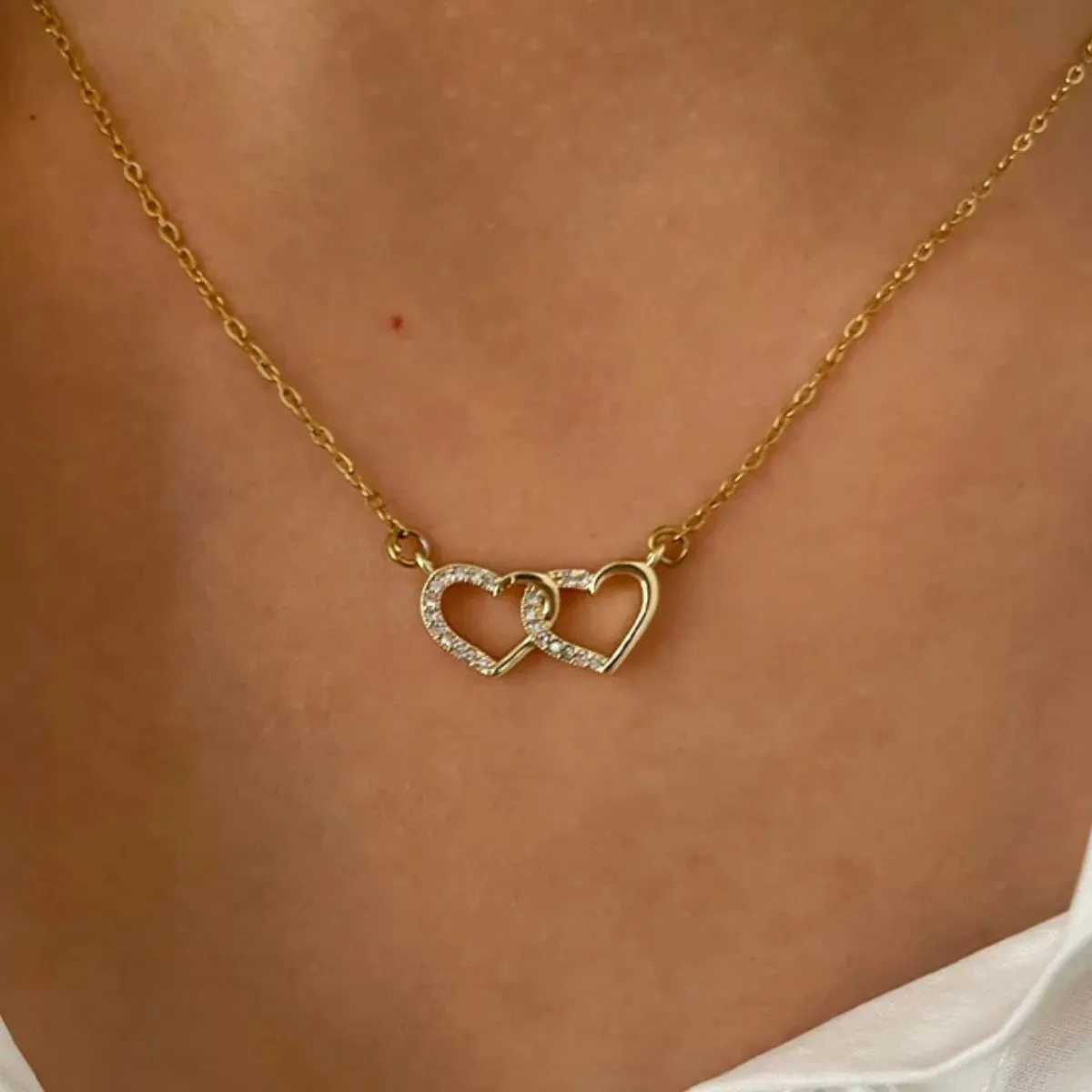 18K Gold-Plated Double Heart Inlaid Zircon Necklace sold by Charming Charlie product image thumbnail 2