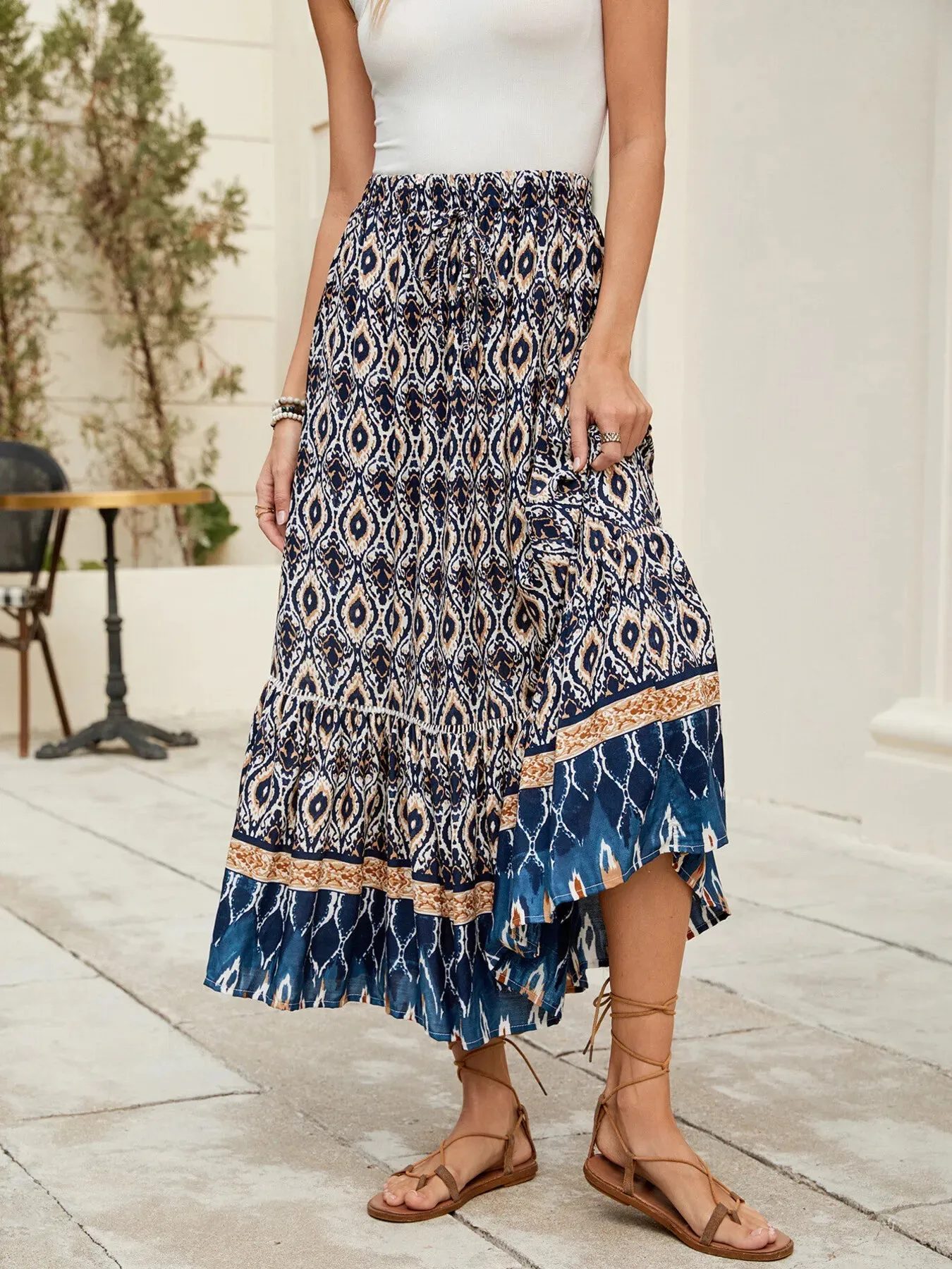 Bohemian Printed Ruched Maxi Skirt sold by Charming Charlie