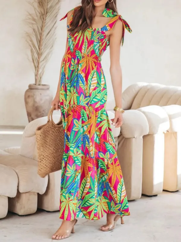 Tropical Print Tie Shoulder Maxi Dress sold by Charming Charlie