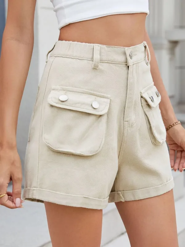 High Waist Cargo Denim Shorts with Multi Pockets sold by Charming Charlie