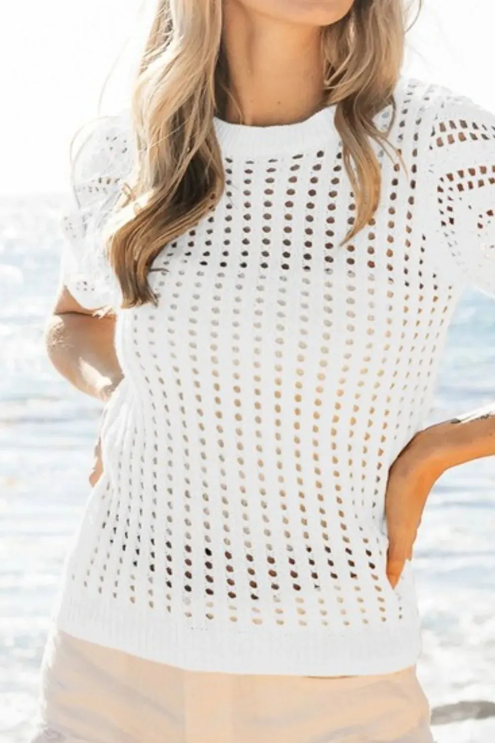 BiBi Crochet Knit Cover Up With Puff Sleeves sold by Charming Charlie product image thumbnail 3