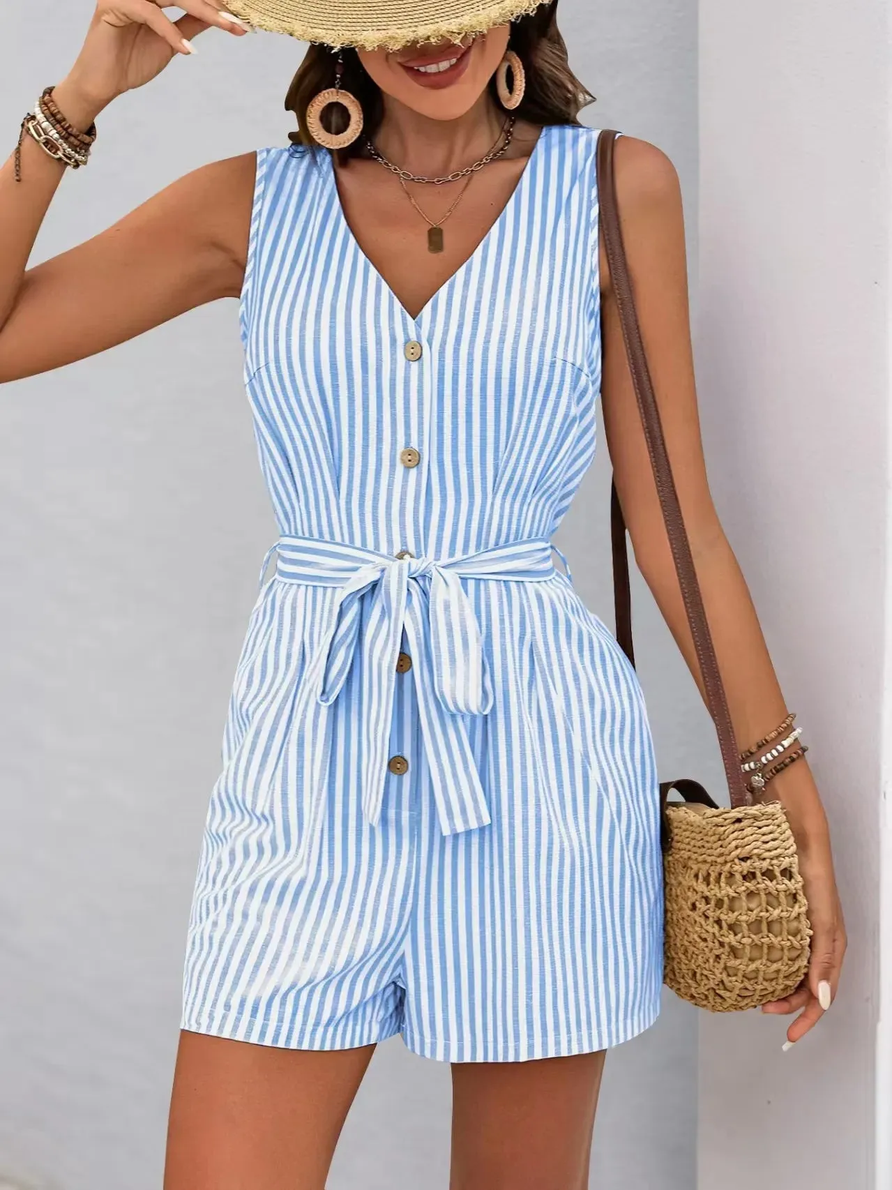 Striped V-neck Button Front Belted Romper sold by Charming Charlie product image thumbnail 2
