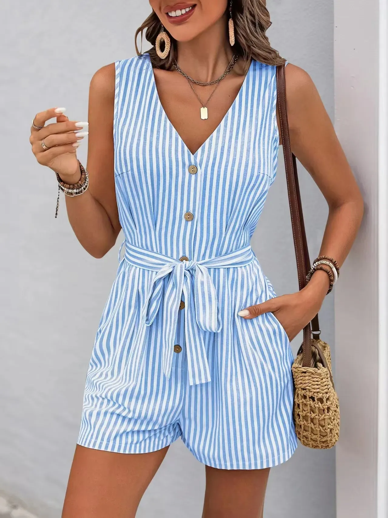 Striped V-neck Button Front Belted Romper sold by Charming Charlie product image thumbnail 3