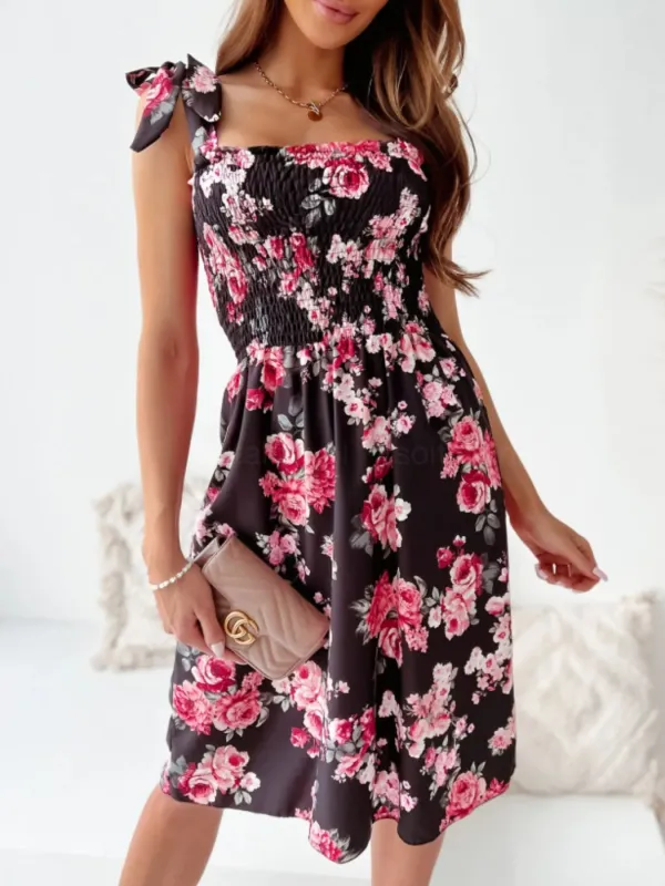 Floral Smocked Bodice Tie Shoulder Summer Dress sold by Charming Charlie
