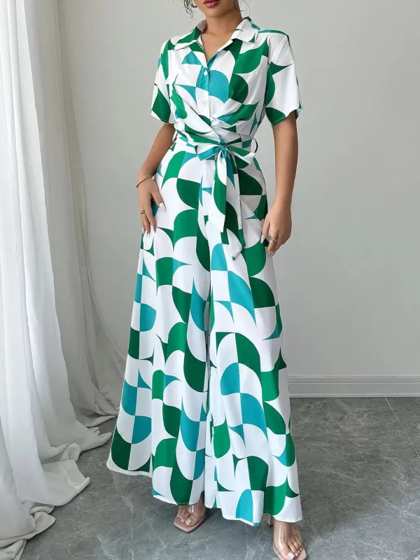 Geometric Print Belted Wide Leg Jumpsuit sold by Charming Charlie
