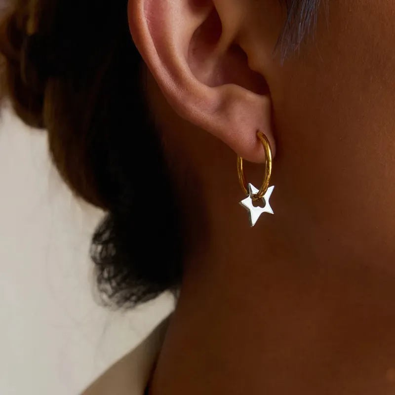 Two-Tone Stainless Steel Star Hoop Earrings sold by Charming Charlie