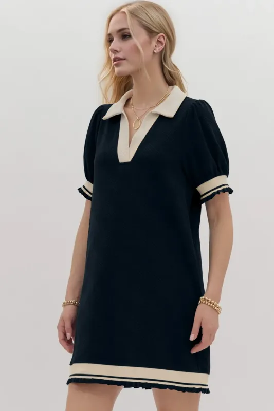 Oh Frill Contrast Trim Johnny Collar Short Sleeve Mini Dress sold by Charming Charlie