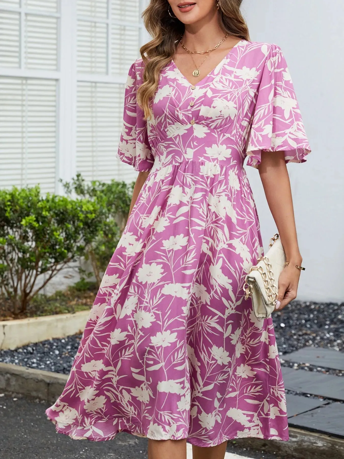 Floral Flutter Sleeve V-Neck Summer Midi Dress sold by Charming Charlie product image thumbnail 2