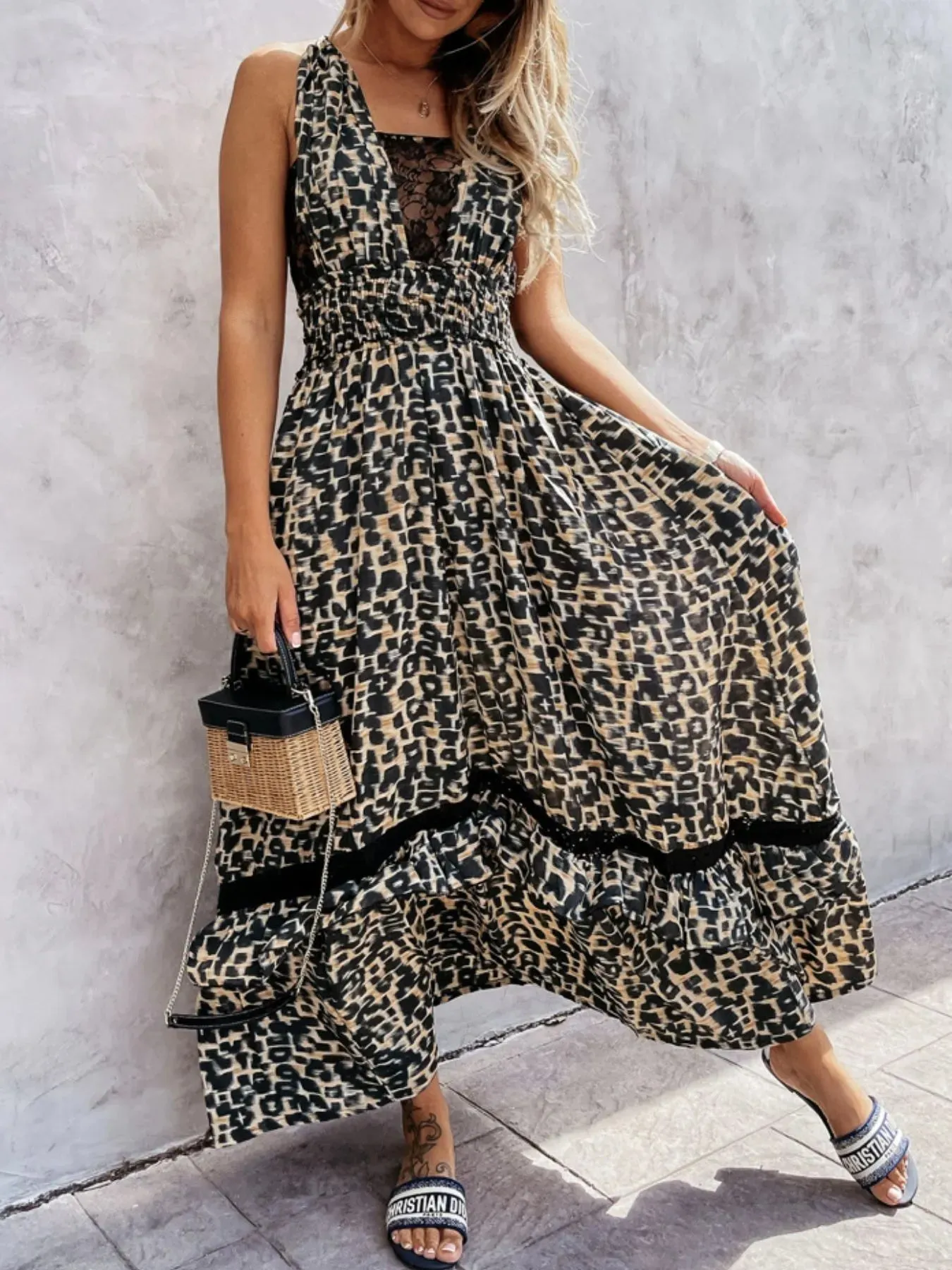 Leopard Print Sleeveless Maxi Dress with Lace Trim sold by Charming Charlie product image thumbnail 2
