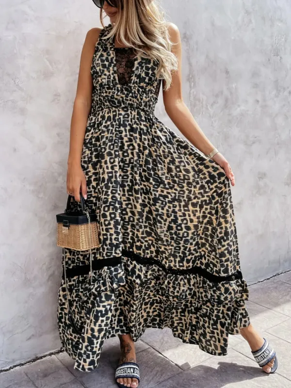 Leopard Print Sleeveless Maxi Dress with Lace Trim sold by Charming Charlie