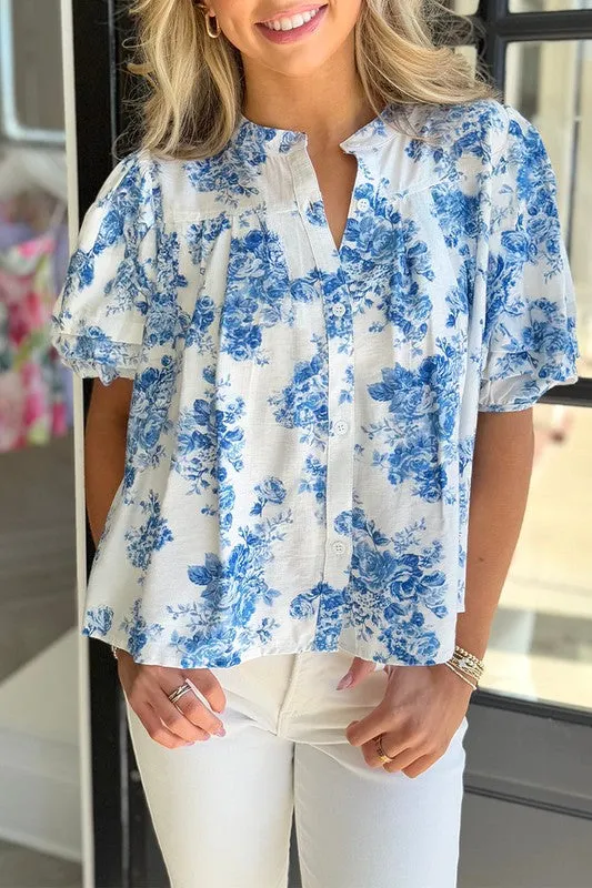 Sky Blue Floral Print Puff Sleeve Pleated Shirt sold by Charming Charlie