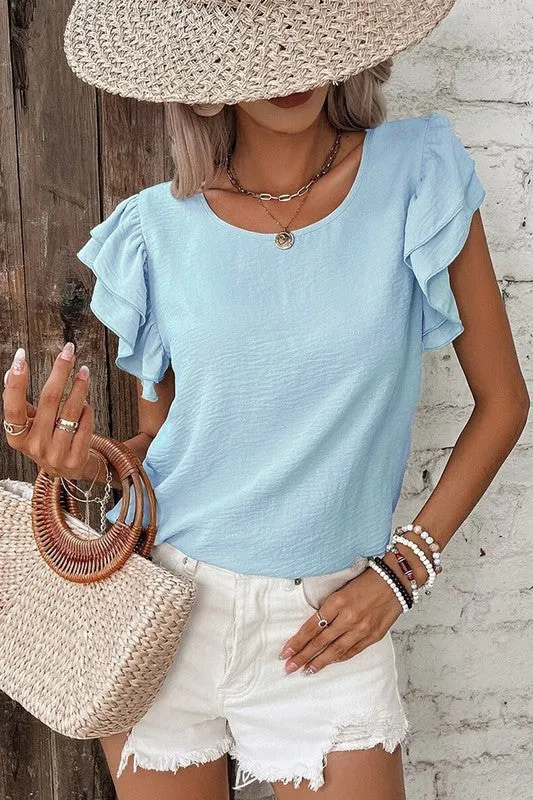 Solid Color Ruffled Short Sleeve Casual Blouse sold by Charming Charlie