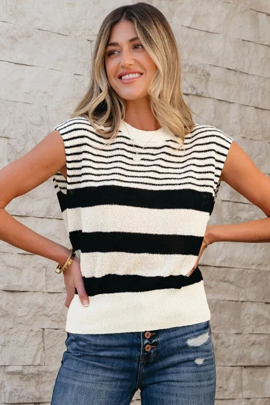 Black white Striped O Neck Sweater Vest sold by Charming Charlie