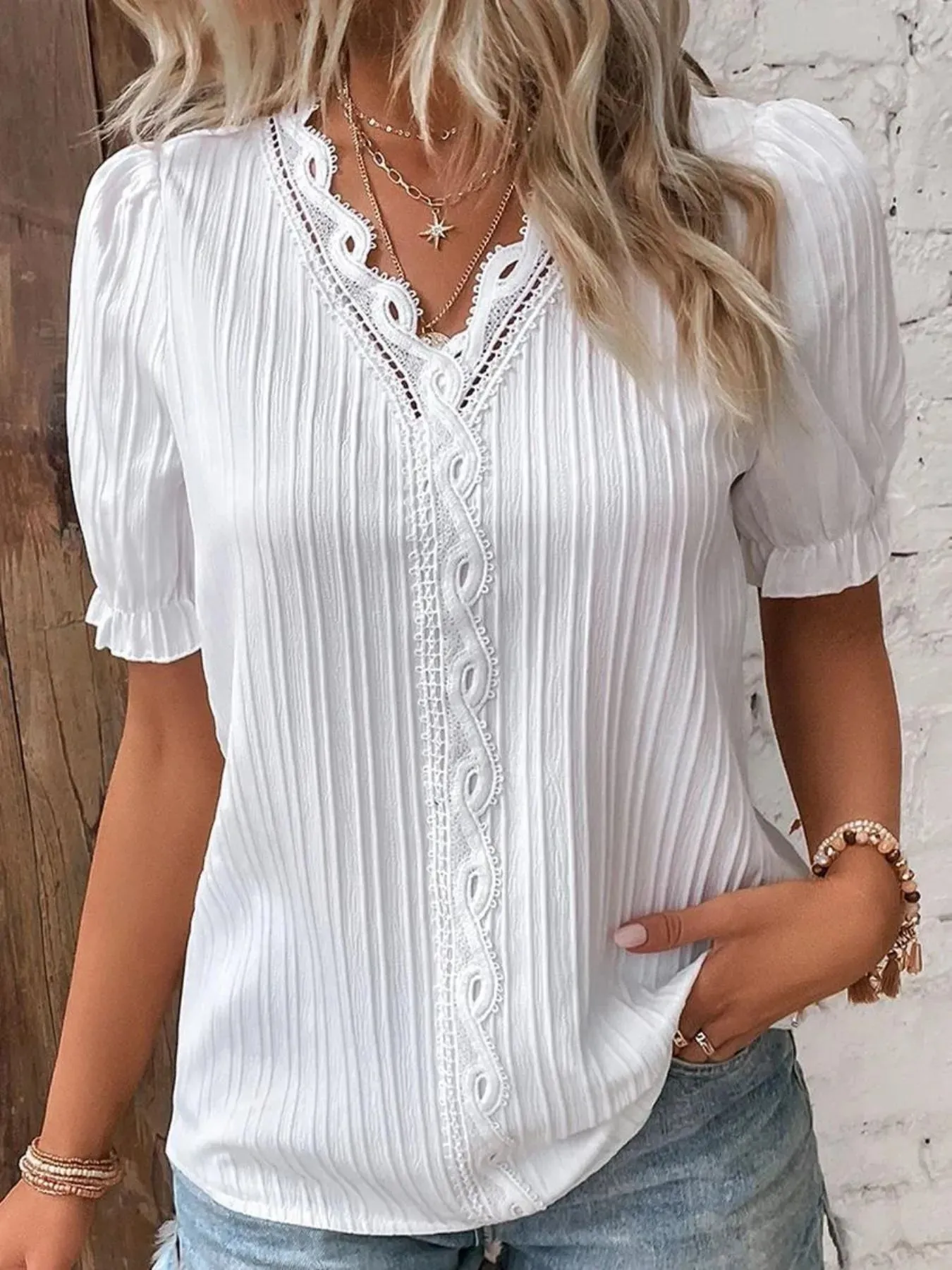 Full Size Lace Detail V-Neck Blouse Plus Size sold by Charming Charlie