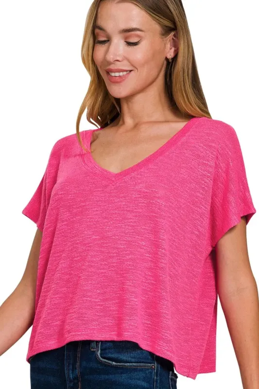 Zenana Hacci Slub V-neck Drop Shoulder Crop Top sold by Charming Charlie