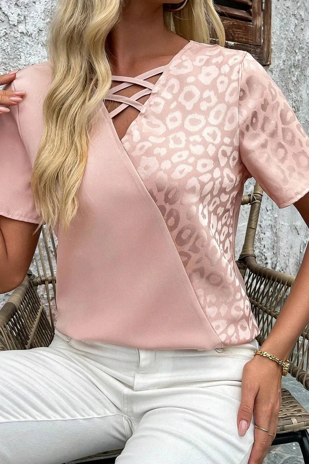 Leopard Jacquard Patchwork Crisscross V Neck Short Sleeve Blouse sold by Charming Charlie product image thumbnail 3