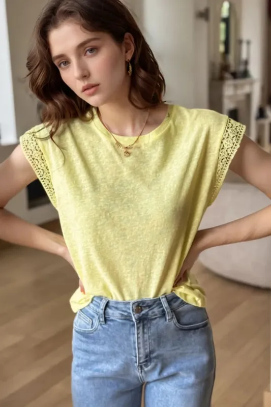 Lace Patchwork Cap Sleeve Round Neck T Shirt sold by Charming Charlie
