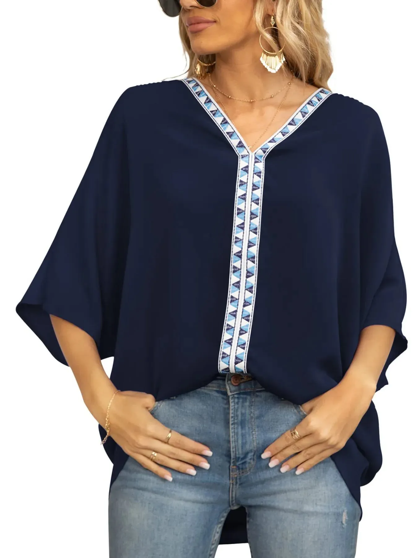 Printed Trim V-Neck Batwing Sleeve Blouse sold by Charming Charlie product image thumbnail 3