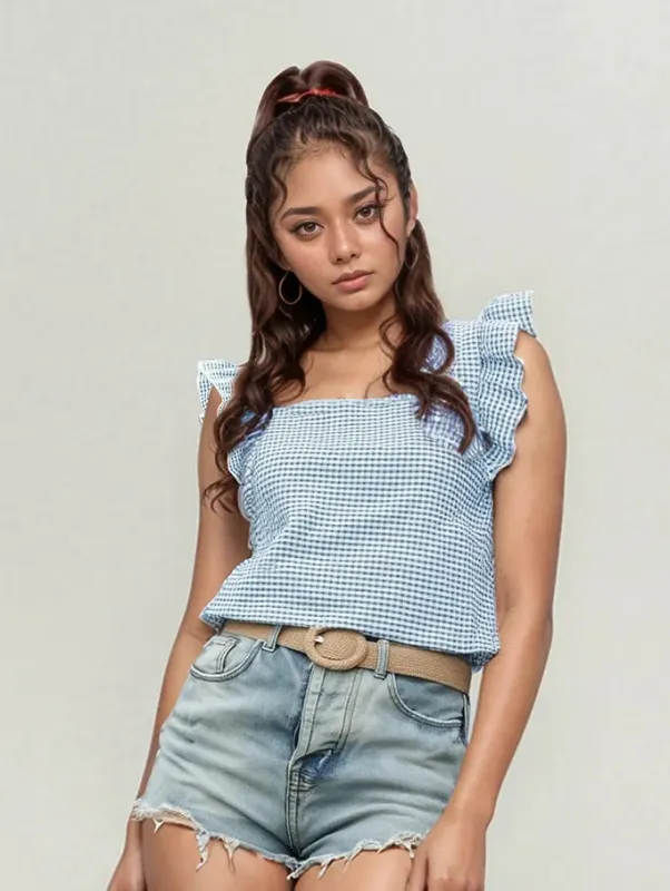 Ruffle Sleeve Gingham Square Neck Top sold by Charming Charlie