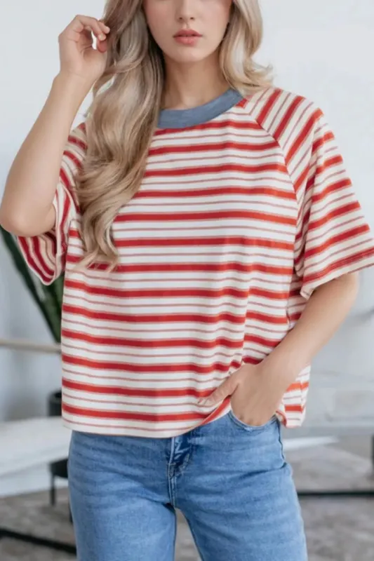 Stripe Print Contrast Collar Raglan Sleeve T Shirt sold by Charming Charlie