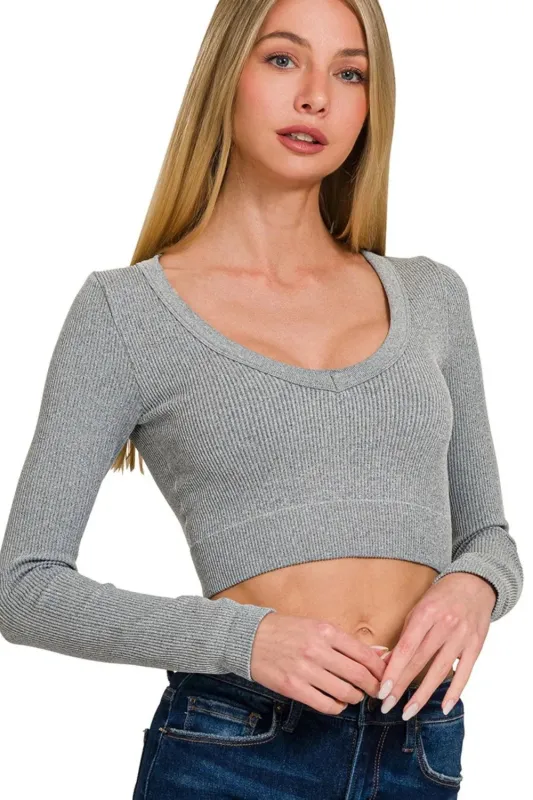 Zenana Seamless Fitted Rib V-neck Long Sleeve Crop Top sold by Charming Charlie