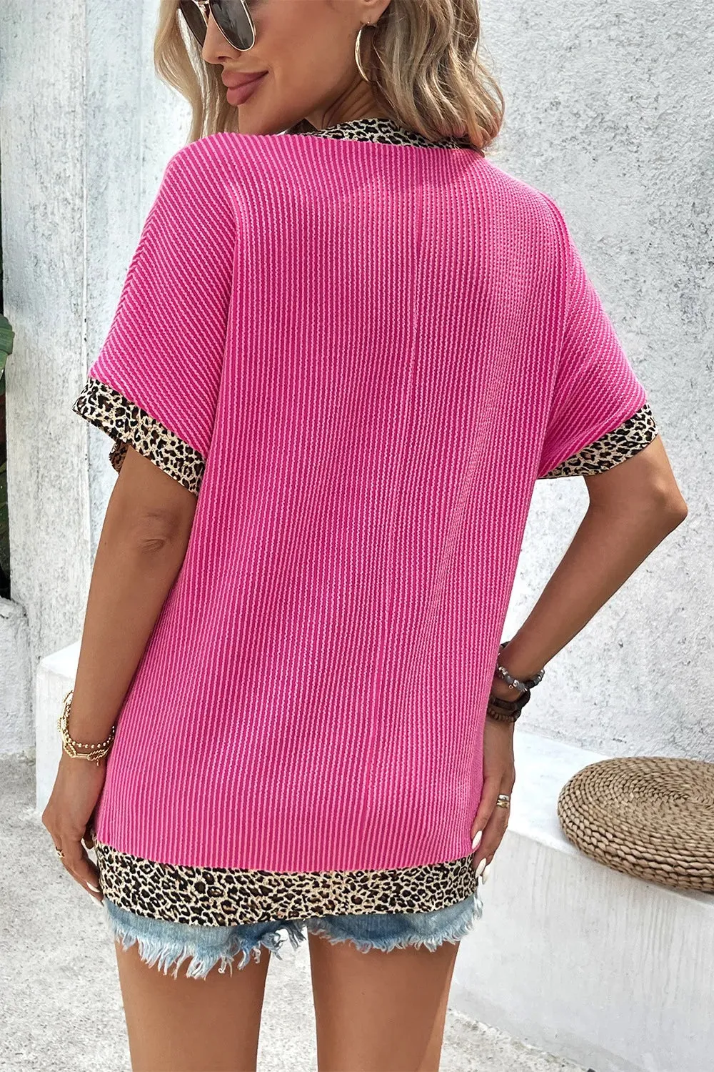 V-Neck Leopard Trim Ribbed Blouse sold by Charming Charlie product image thumbnail 2