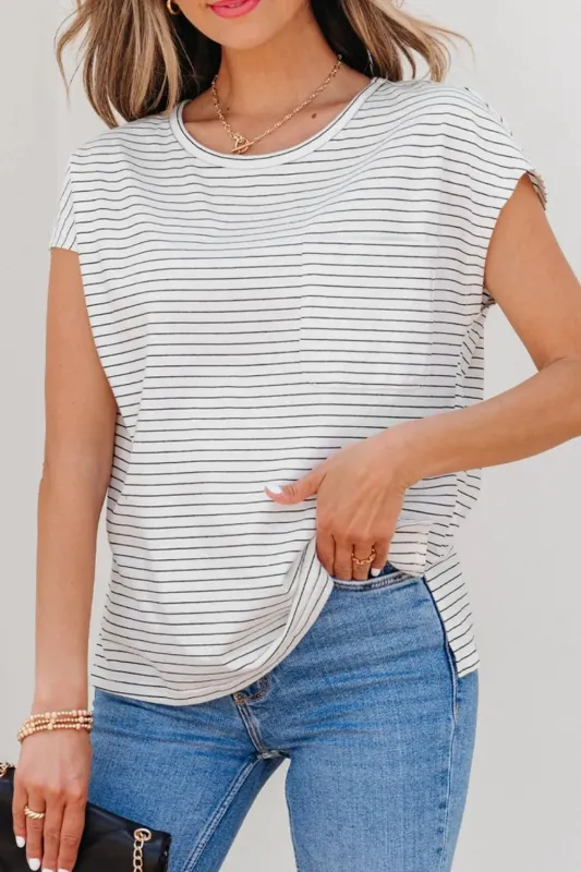 Stripe Cap Sleeve Crew Neck Casual Tee with Chest Pocket sold by Charming Charlie