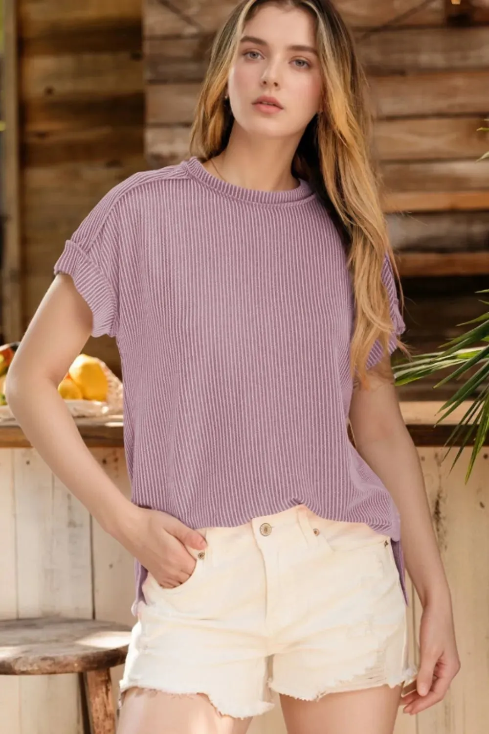 Casual Ribbed Short Sleeve Round Neck T-Shirt sold by Charming Charlie product image thumbnail 2