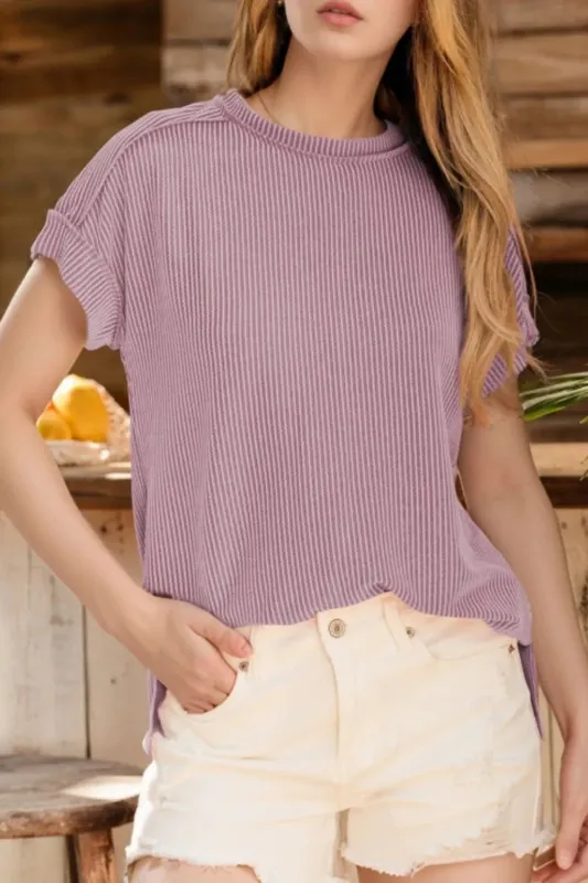 Casual Ribbed Short Sleeve Round Neck T-Shirt sold by Charming Charlie