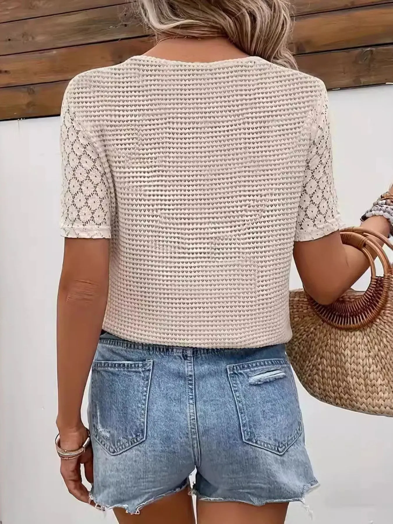 Lace Sleeve V-neck Waffle Knit Top sold by Charming Charlie product image thumbnail 4