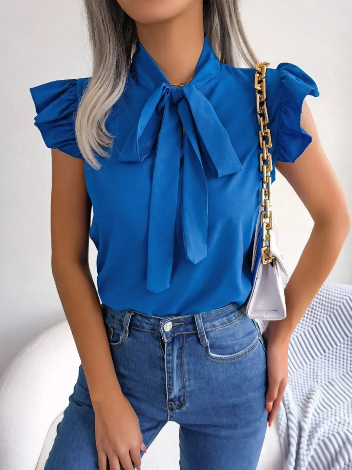 Ruffle Cap Sleeve Bow Tie Blouse sold by Charming Charlie product image thumbnail 4