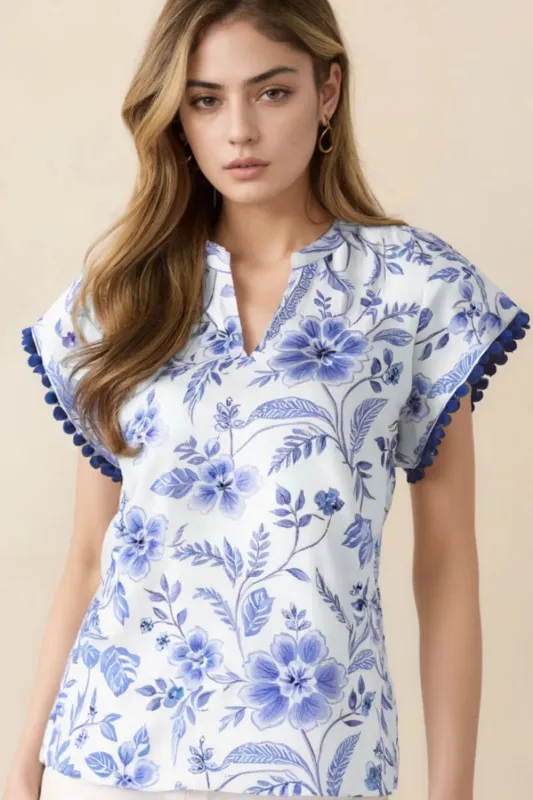 Floral Print Ricrac Trim Short Sleeve Blouse sold by Charming Charlie