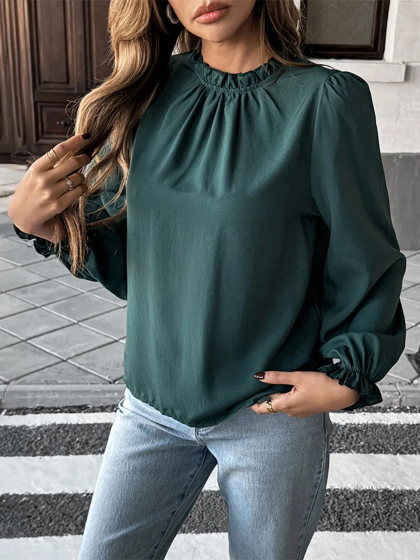 Ruched Round Neck Long Sleeve Blouse sold by Charming Charlie