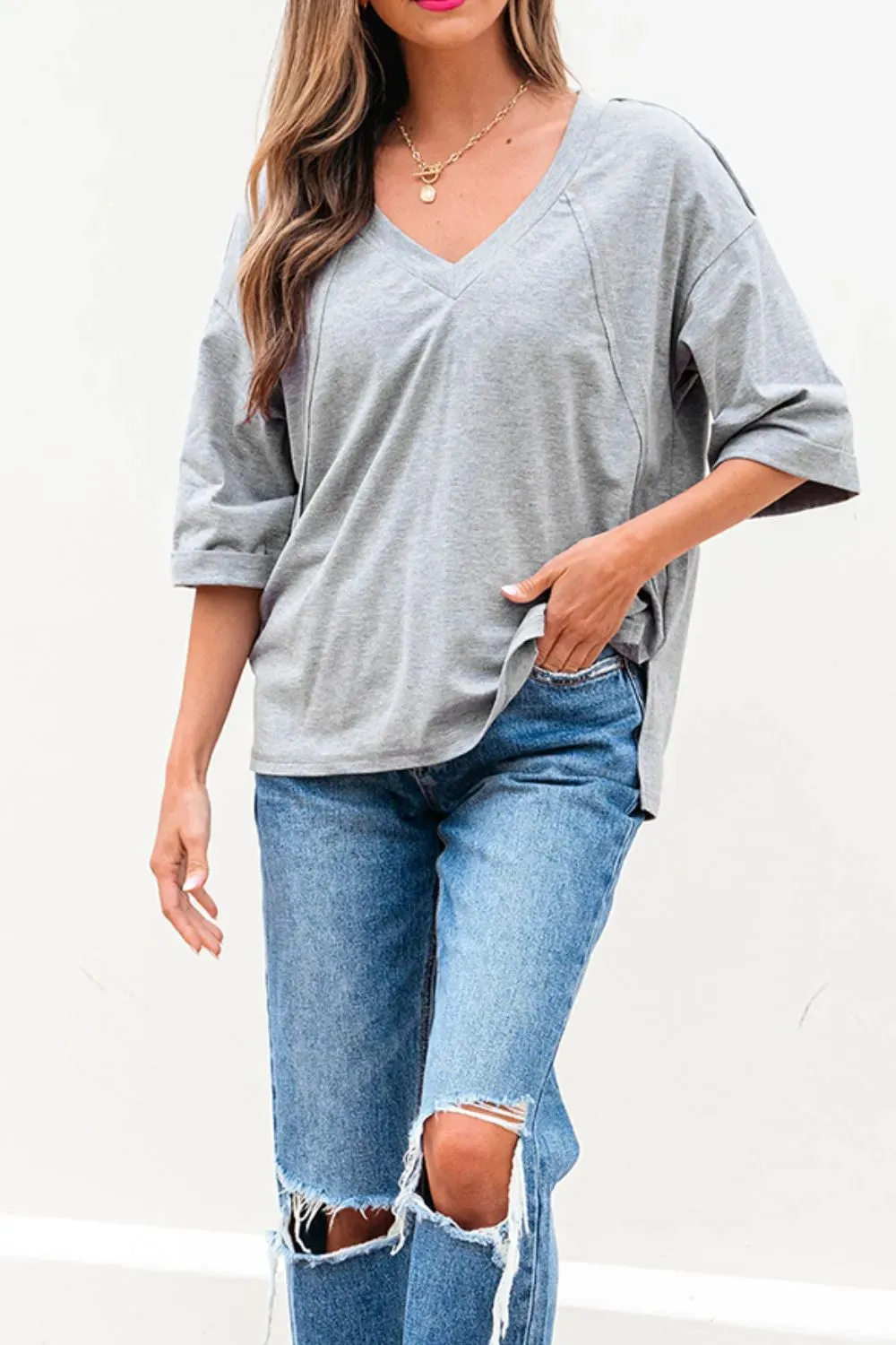 High Raglan Half Sleeve V Neck Oversized T Shirt sold by Charming Charlie product image thumbnail 5
