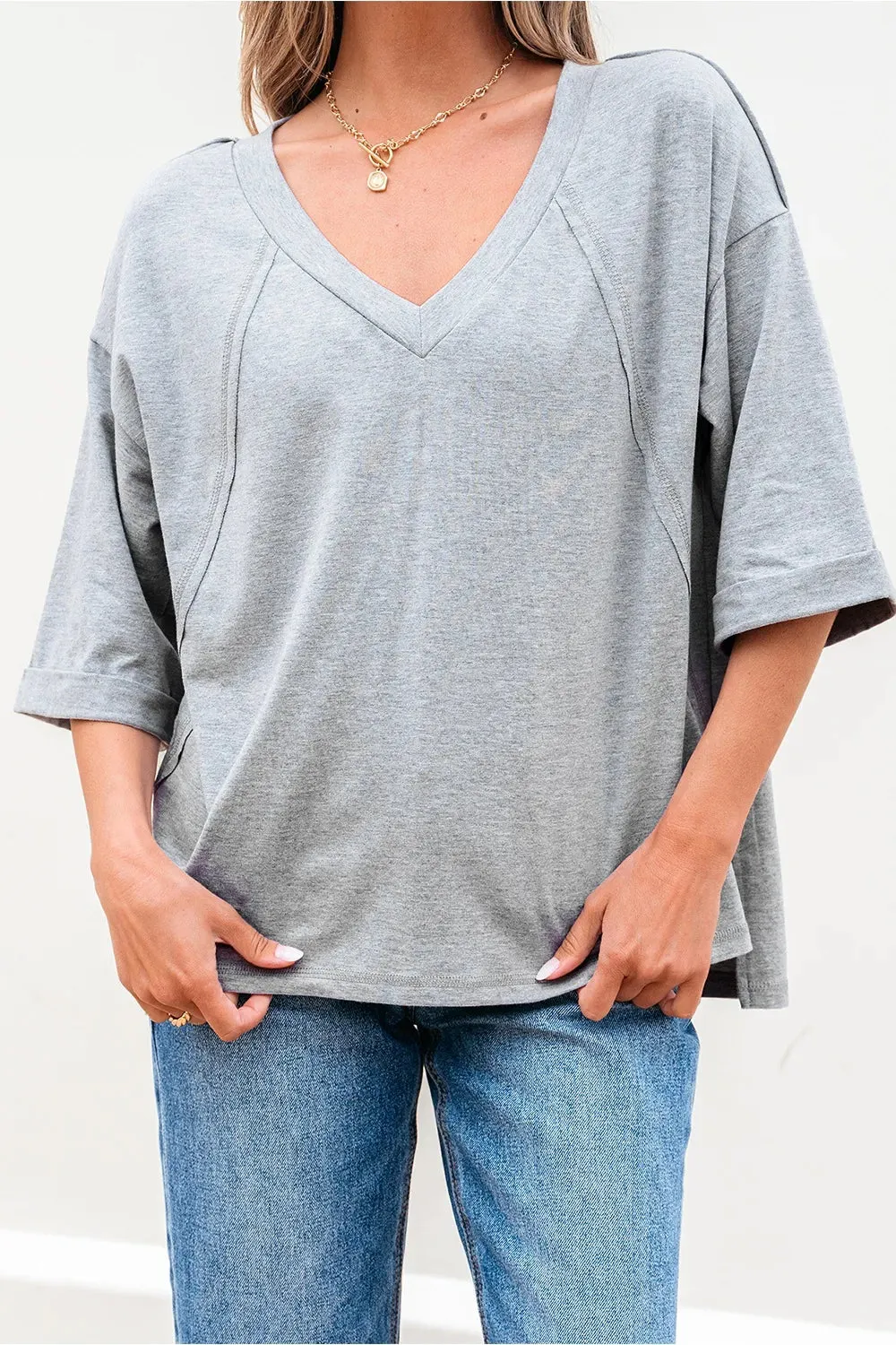High Raglan Half Sleeve V Neck Oversized T Shirt sold by Charming Charlie product image thumbnail 2
