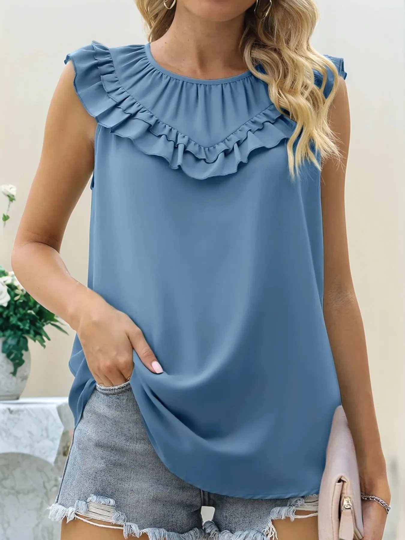 Ruffle Trim Round Neck Blouse sold by Charming Charlie product image thumbnail 4