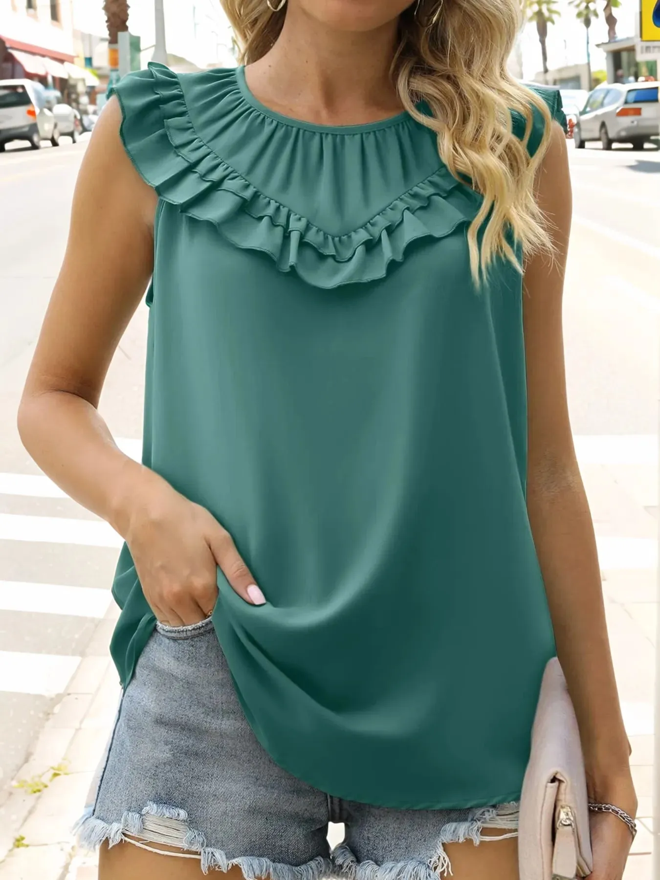 Ruffle Trim Round Neck Blouse sold by Charming Charlie product image thumbnail 2
