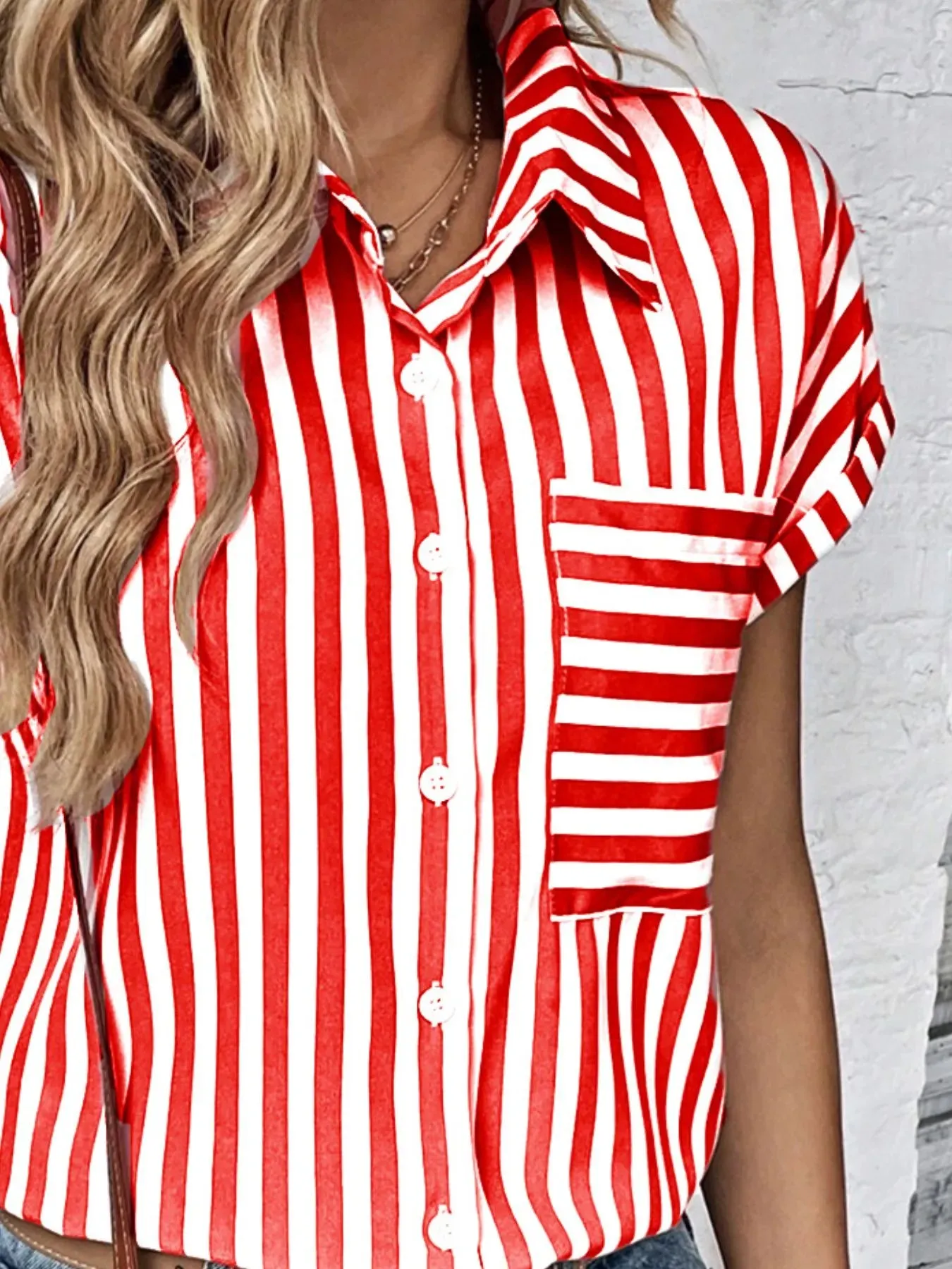 Striped Button-Up Short Sleeve Shirt with Pocket sold by Charming Charlie product image thumbnail 5