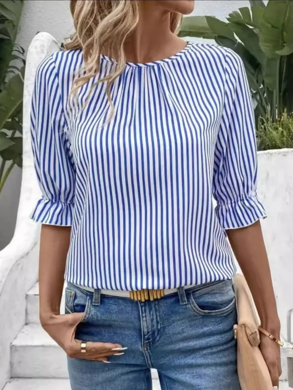 Striped Round Neck Half Sleeve Casual Blouse sold by Charming Charlie