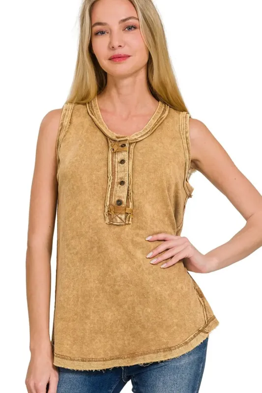 Zenana Washed Half-button Raw Edge Sleeveless Henley Top sold by Charming Charlie