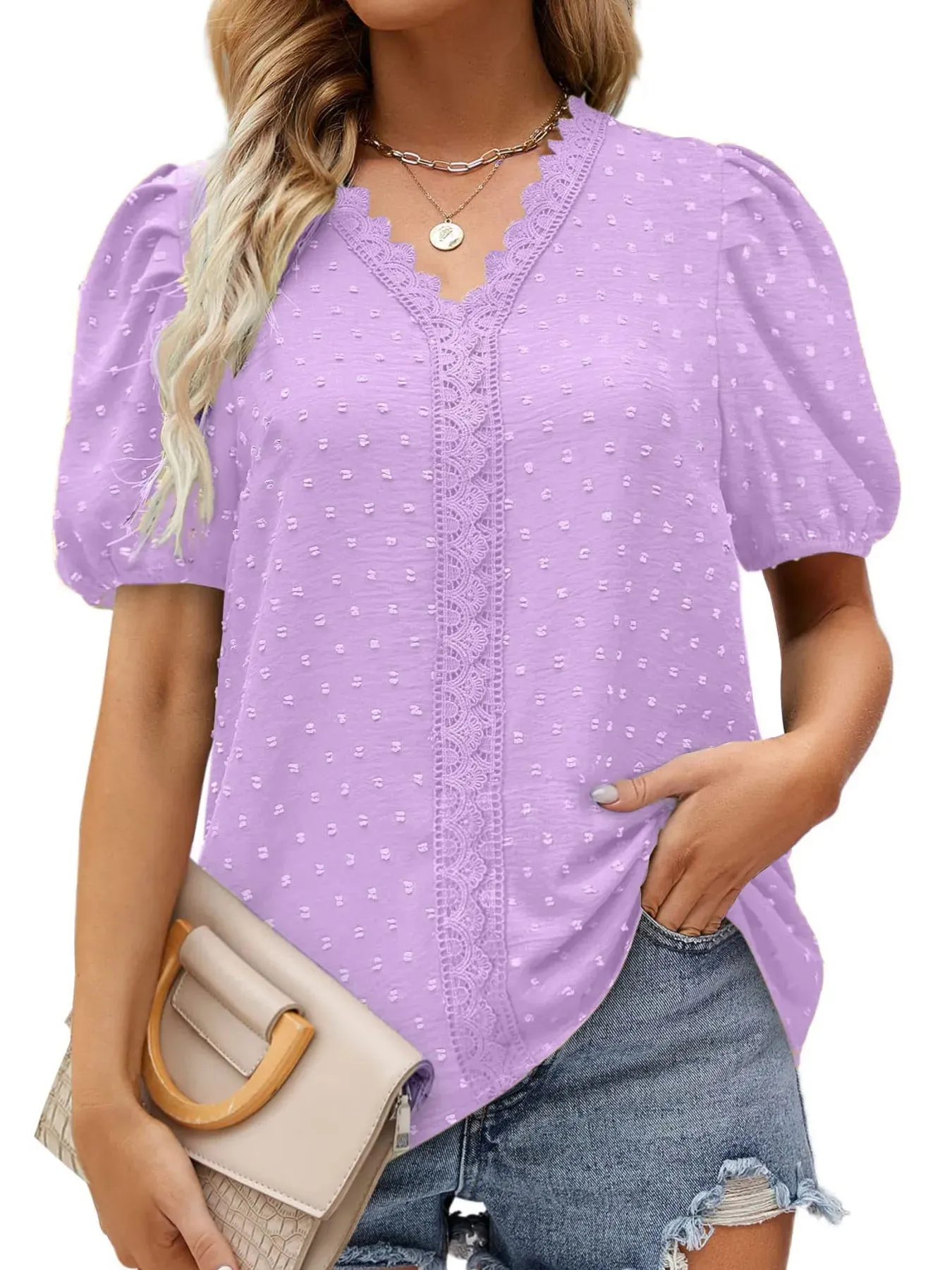 Puff Sleeve Swiss Dot Lace Trim Blouse sold by Charming Charlie