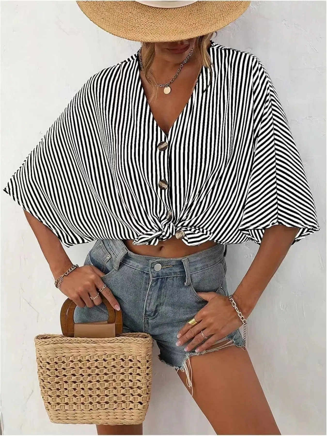 V-Neck Striped Batwing Sleeve Casual Blouse sold by Charming Charlie product image thumbnail 2