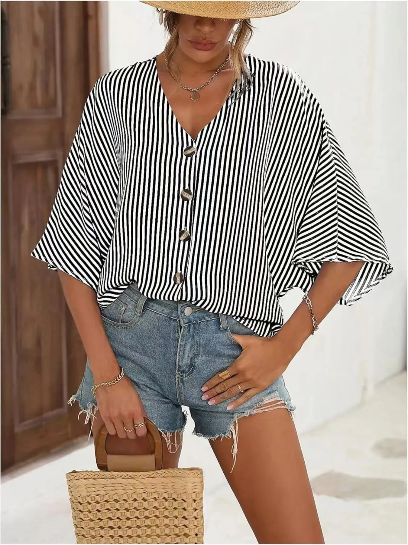 V-Neck Striped Batwing Sleeve Casual Blouse sold by Charming Charlie product image thumbnail 4