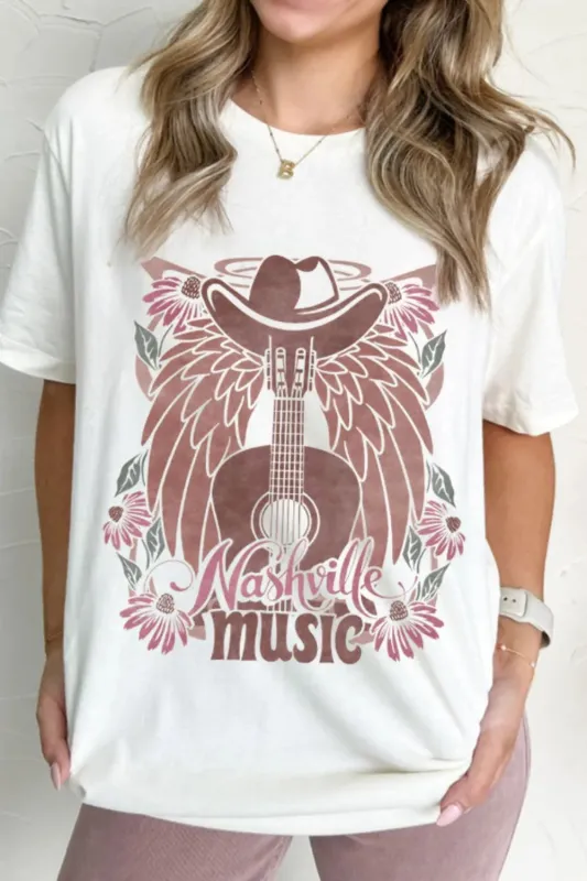 Nashville Music Guitar Wings Graphic Round Neck T-Shirt sold by Charming Charlie