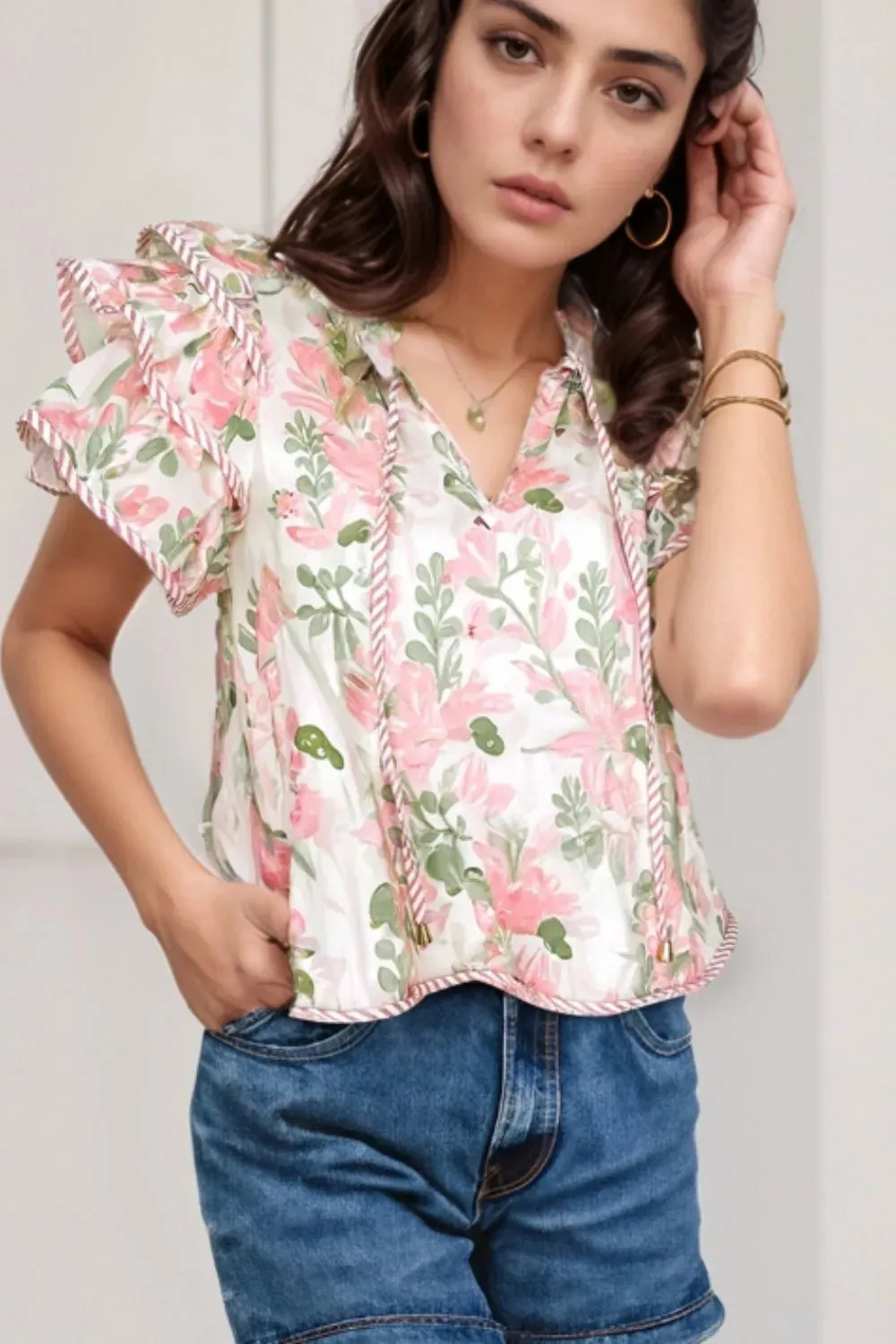 Floral Print Flutter Sleeve Tie Neck Blouse sold by Charming Charlie product image thumbnail 2