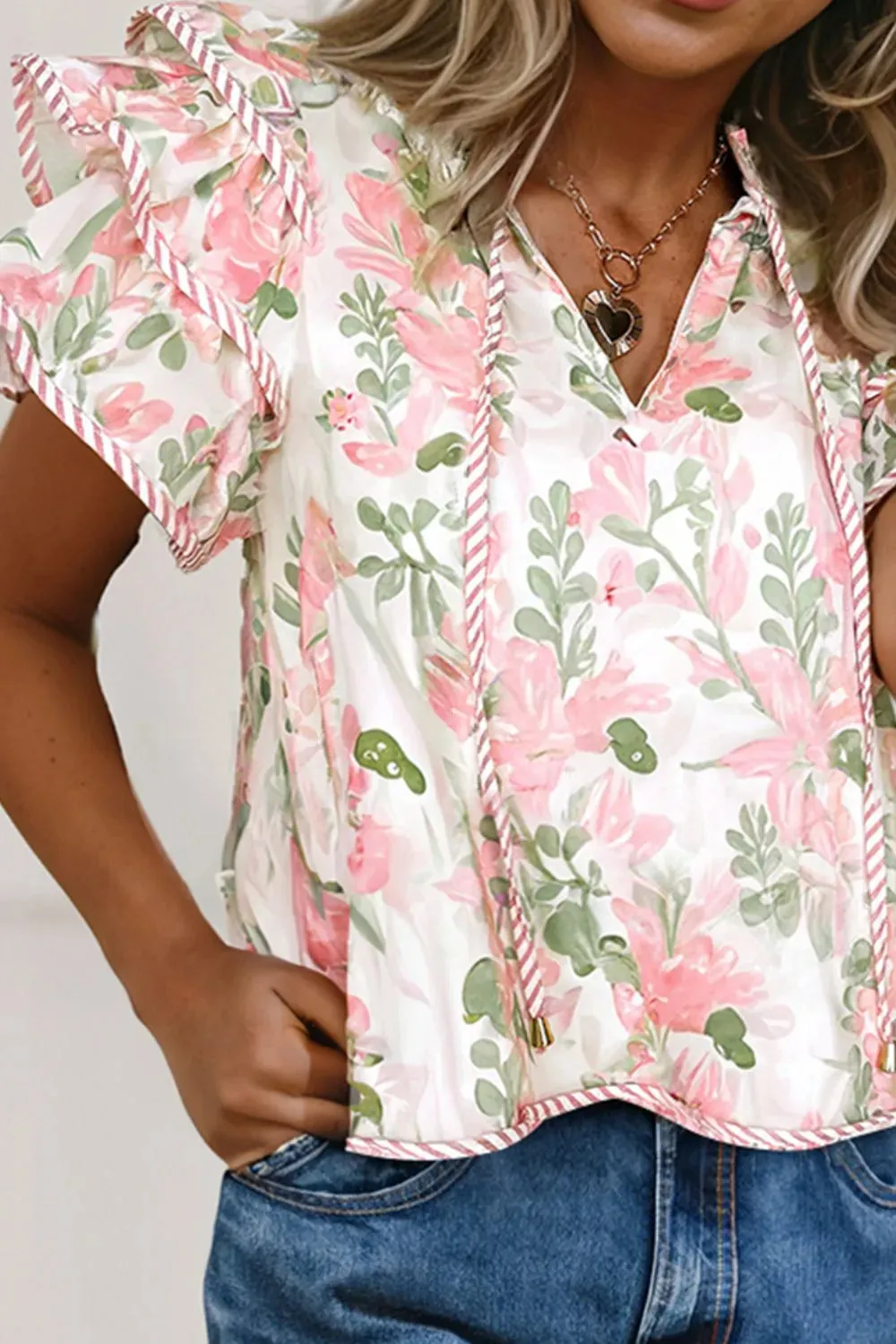 Floral Print Flutter Sleeve Tie Neck Blouse sold by Charming Charlie product image thumbnail 3