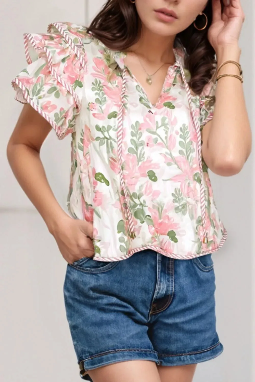 Floral Print Flutter Sleeve Tie Neck Blouse sold by Charming Charlie