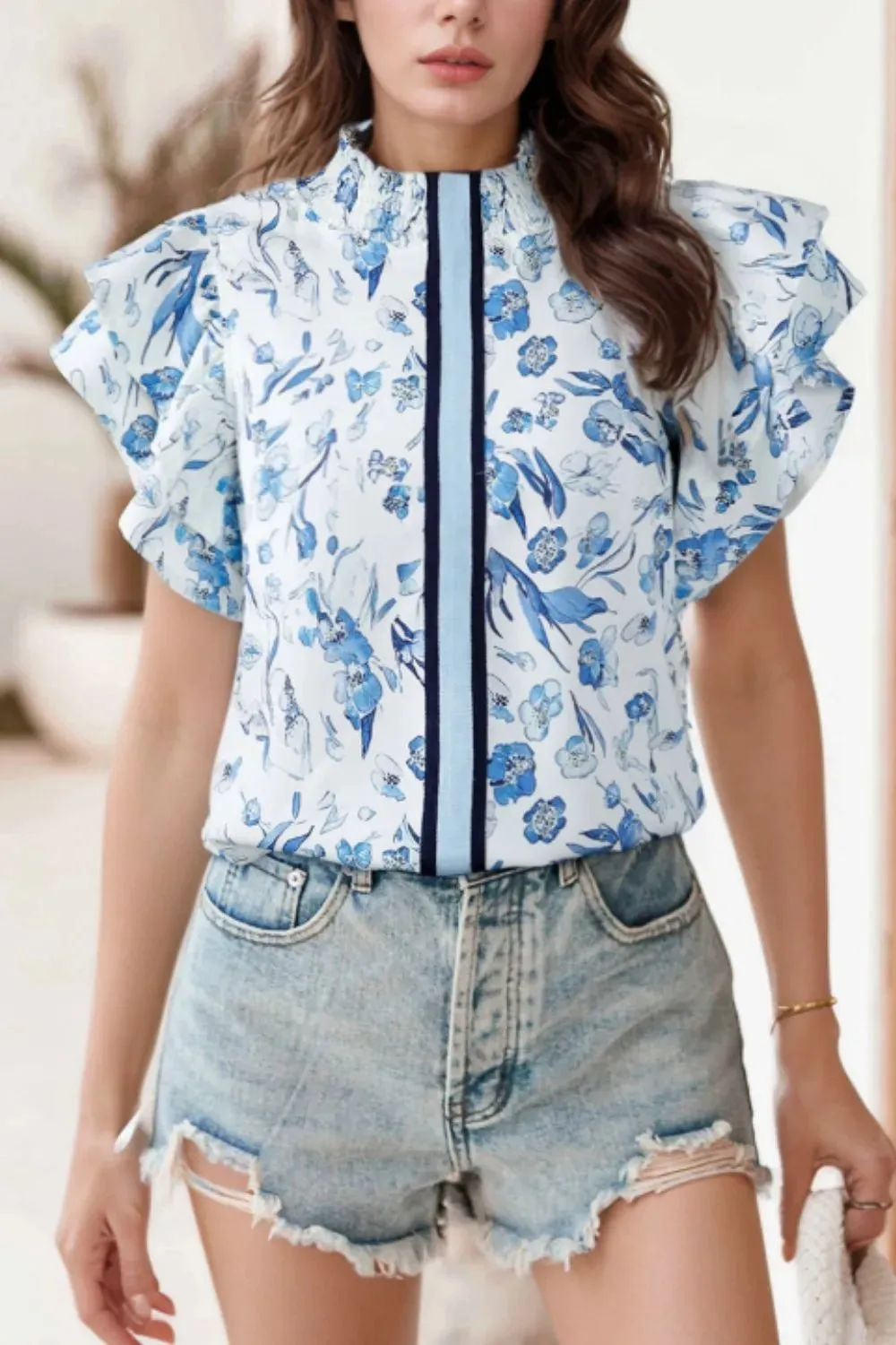 Floral Print Ruffled Short Sleeve Blouse sold by Charming Charlie