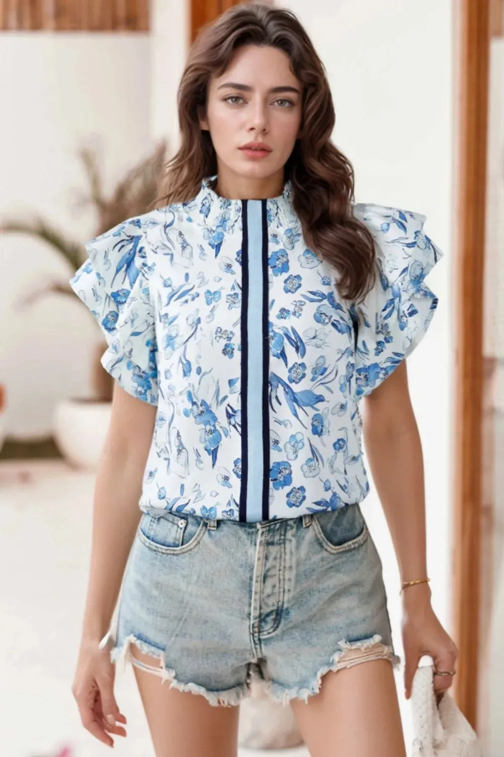 Floral Print Ruffled Short Sleeve Blouse sold by Charming Charlie product image thumbnail 2