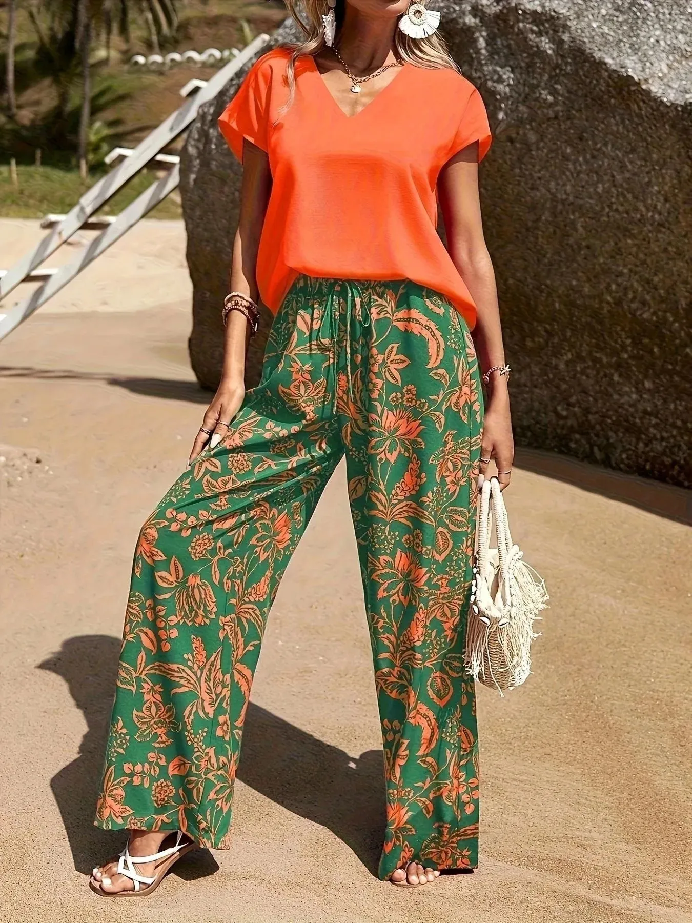 V-Neck Top and Summer Beach Floral Print Pants Two-Piece Set sold by Charming Charlie product image thumbnail 3